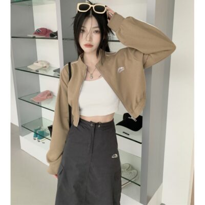 Mỹ Retro Vai Trước Tay Dài Thể Thao Áo Len Ngắn Áo Khoác Nữ Thu Đông Nhỏ Hot Girl Áo Khoác Cardigan Top