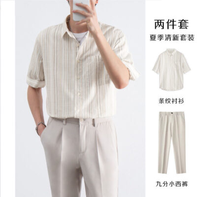Áo sơ mi nam mùa hè, áo sơ mi tay dài, phong cách nhẹ nhàng quen thuộc, áo sơ mi ngắn tay sọc Nhật rộng rãi và hợp thời trang