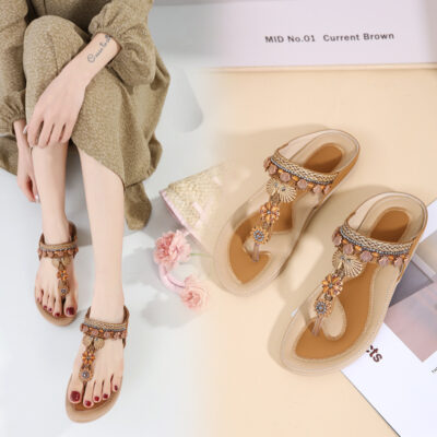 Mùa Hè 2023 Mới Phong Cách Bohemian Hoa Thủ Công Thông Giày Sandal Nữ Thời Trang Đa Năng Dép Một Sỉ