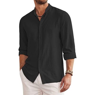 Mới Mùa Hè 2023 Người Anh Áo Sơ Mi Nam Cắt Dán Vải Lanh Cardigan Tay Dài Thanh Niên Phổ Biến Cổ Áo Sơ Mi Nam