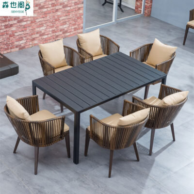 Bộ bàn ghế ngoài trời sân ban công giải trí ngoài trời sân thượng sân vườn lưới chống thấm Bàn cà phê đỏ kết hợp ghế mây giả mây