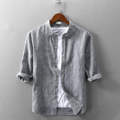Mùa Xuân Năm 2023 Mới Áo Sơ Mi Linen Nam Ve Áo Mỏng Ba Phần Tư Tay Sọc Áo Sơ Mi Linen Cotton-Mùa Xuân Cỏ