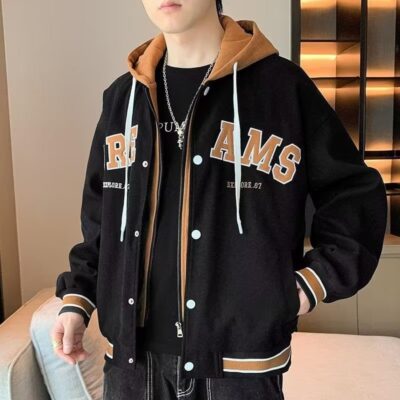 Áo khoác phong cách Hồng Kông nam thu đông áo khoác nam hợp thời trang giả hai mảnh rời quần áo đôi quần áo cotton quần áo cotton nhung dày dặn nam