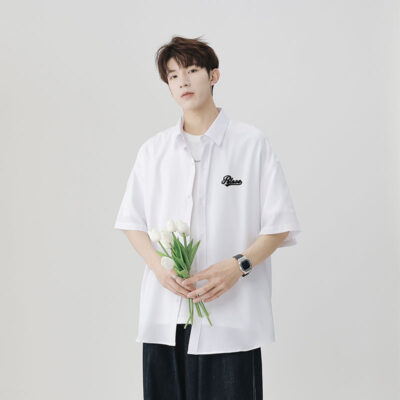 Áo sơ mi ngắn tay nam mùa hè băng lụa mỏng ins triều thương hiệu quần áo hợp thời trang bé trai rộng rãi thô lỗ đẹp trai áo sơ mi giản dị