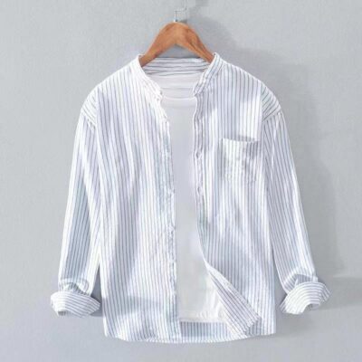 Nhật Bản Sọc Nam Dáng Rộng Áo Sơ Mi Dài Tay Nam Cổ Đứng Thoáng Khí Cổ Tròn Sơ Mi Retro Áo Sơ Mi Nam Bán Buôn