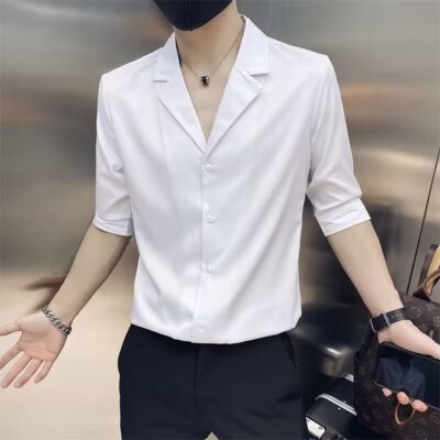 Áo sơ mi nam tay ba phiên bản Hàn Quốc hợp thời trang đẹp trai giản dị mùa hè quần áo tay giữa thô lỗ đẹp trai băng lụa áo sơ mi nam ngắn tay