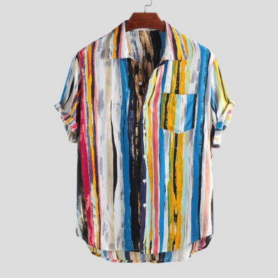 Mùa Hè 2023 Ngoại Thương Ins Nam Dáng Rộng Cổ Cotton Sọc Áo Sơ Mi Nam Đi Biển In Hình
