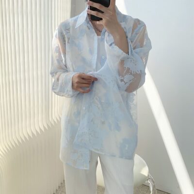 Lụa băng mỏng phần dài tay côn đồ đẹp trai đổ xô chống nắng áo sơ mi nam mùa hè ins thiết kế hợp thời trang cảm giác thích hợp áo sơ mi
