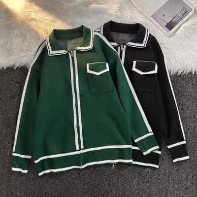 Quốc Triều Mỹ Retro Ve Áo Áo Len Nam Nữ Hợp Thời Trang Thương Hiệu Lười Gió Cổ Áo Phối Màu Thể Thao Dệt Kim Cặp Đôi