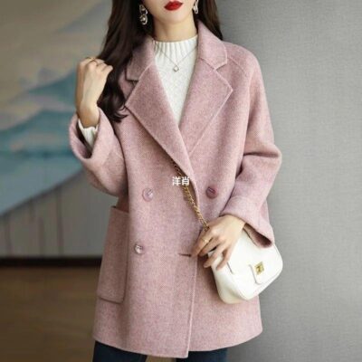 Áo khoác nữ thu đông thời trang mới họa tiết xương cá dáng rộng mỏng nhỏ hợp mốt áo khoác len dáng dài trung niên hợp thời trang