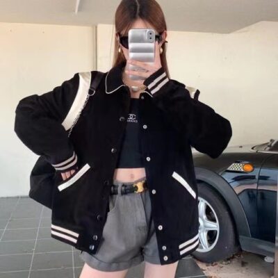 Thâm Quyến Nanyou Quần áo nữ Bán buôn Áo khoác phối màu CE Linjia Mẫu cặp đôi Áo khoác cardigan có ve áo nam và nữ Xu hướng đồng phục bóng chày