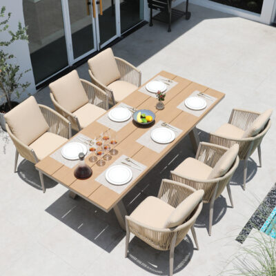 Bàn ghế ngoài trời sân biệt thự ghế mây sân vườn ngoài trời phòng tắm nắng gỗ nhựa bàn dài giải trí dây mây kết hợp bàn ghế