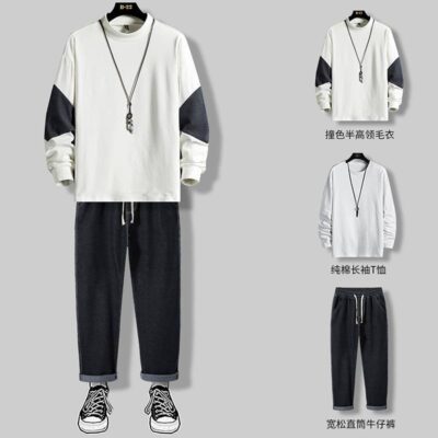 Áo len nửa cổ lọ nam mùa thu đông nối màu tương phản in rời thương hiệu hợp thời trang Bộ quần áo nam với quần áo len dệt kim