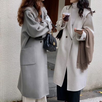 Q462 Mới Phong Cách Hàn Quốc Rộng Và Mỏng Có Mũ Cashmere Áo Khoác Nữ Kiểu Dáng Lớn Ve Áo Len Áo Khoác Len