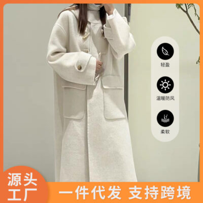 Mùa thu và mùa đông mới áo khoác cashmere hai mặt dài đến đầu gối của phụ nữ thắt lưng lỏng lẻo len dày hai mặt len cổ áo đứng lên áo khoác