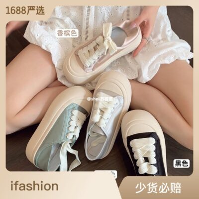 Mùa Hè 2023 Mới Bề Mặt Lụa Giày Đế Dày Nữ Buộc Dây Thường Thoáng Khí Hai Mũi Tròn Vải Nhỏ giày Đơn Màu Trắng Nữ