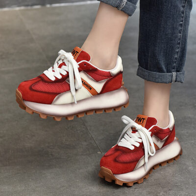 Giày thông thường phù hợp với mọi lứa tuổi bằng da thật, giày nữ mùa xuân hè 2023 mới Giày Forrest Gump đế dày lưới buộc dây giày thể thao nữ cổ thấp hợp thời trang