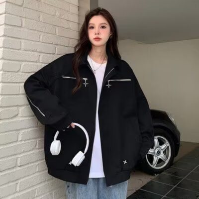 Mỹ Retro Áo khoác nữ mùa xuân và mùa thu 2023 mới rộng rãi phù hợp với áo khoác bomber thủy triều thương hiệu cặp đôi đồng phục bóng chày
