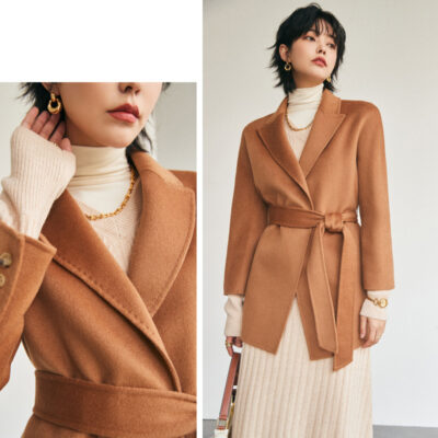 Tính khí tự tu luyện ren giảm béo cashmere nguyên chất vòm kim len hai mặt giữa chiều dài áo khoác nữ 21 mùa thu đông mới
