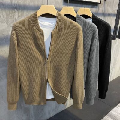 2023 Mùa Thu Đông 2023 Dây Kéo Đôi Slim Màu Trơn Áo Khoác Nam Đơn Giản Phong Cách Hàn Quốc Cổ Bóng Chày Áo Len Cardigan Hợp Thời Trang