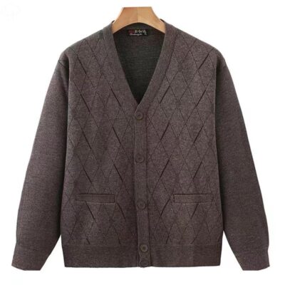 Quần áo ông già ông nội mùa xuân và mùa thu áo len jacquard nam trung niên và cao tuổi áo khoác cardigan túi lớn cổ chữ V