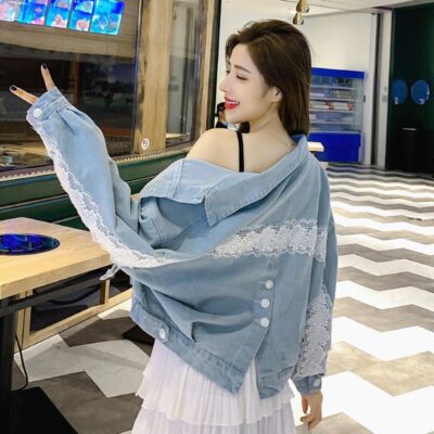 Rất thần tiên áo khoác denim nữ ngắn dáng rộng xuân thu mới nhỏ tươi thời trang phối ren áo khoác hàng đầu triều