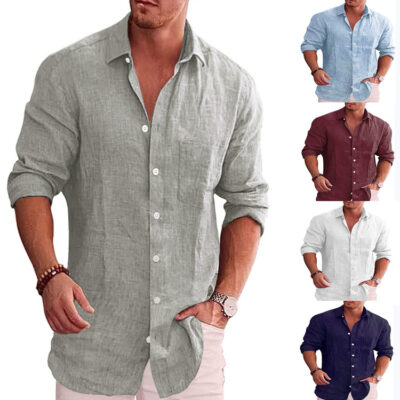 2022 Amazon eBay Ngoại Thương Nam Rời Kích Thước Lớn Màu Áo Sơ Mi Linen Dài Tay Áo Sơ Mi Nam