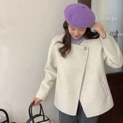 2023 mùa thu đông mới gió thơm nhỏ đoạn ngắn tính khí không đều màu len nhỏ 2 mặt áo khoác cashmere
