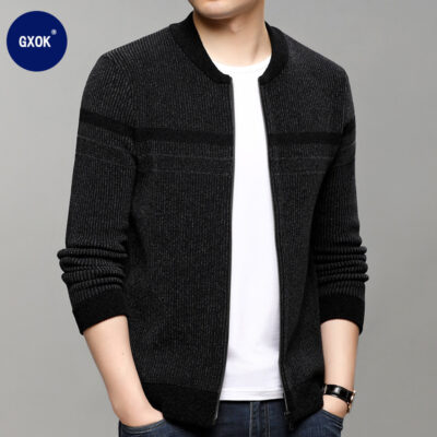 2023 Mùa Thu Đông Bóng Chày Cổ Áo Khoác Dệt Kim Sọc Nam Thanh Niên Kinh Doanh Cardigan Áo Len Nam Dây Kéo Nam Quần Áo