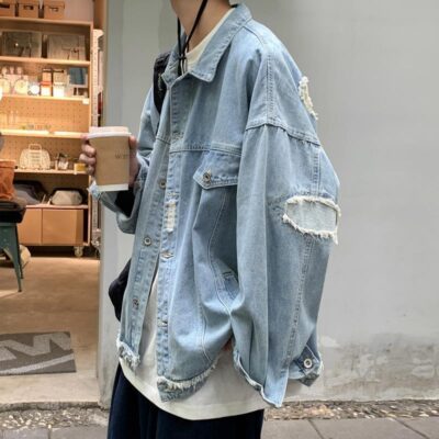 Áo khoác phong cách Hồng Kông denim xước nhỏ hợp thời trang thương hiệu áo cỡ lớn quần áo nam rộng rãi giản dị phù hợp với áo khoác nam mùa thu đông