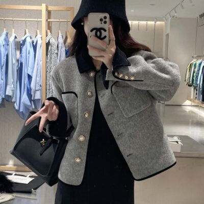 2023 Chống Mùa Áo Khoác Len Cashmere 2 Mặt Khóa Ngắn Của Pháp Vàng Nhỏ Nhỏ Áo Khoác Nhỏ Thơm Phong Cách