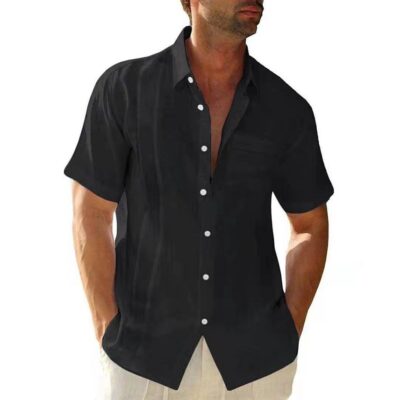 2022 Amazon Mùa Hè Nam Túi Ve Áo Điện Đơn Cardigan Màu Vải Lanh Cotton Ngắn Tay Áo Sơ Mi Nam