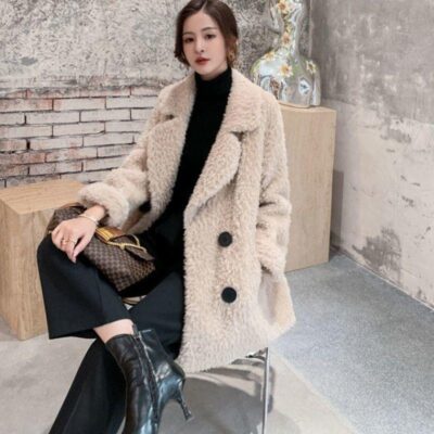 Mùa Đông Giữa Dài Áo Khoác Nỉ Nữ 2023 Mới Phù Hợp Với Cổ Giả Thịt Cừu Lông Nhung Tích Hợp Hạt Áo Khoác Nhung