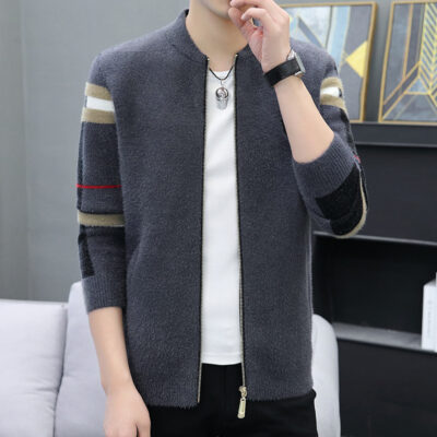 Cardigan nam phối màu áo khoác sọc thu đông mới áo len dây kéo thời trang đẹp trai tương phản màu áo len giảm béo