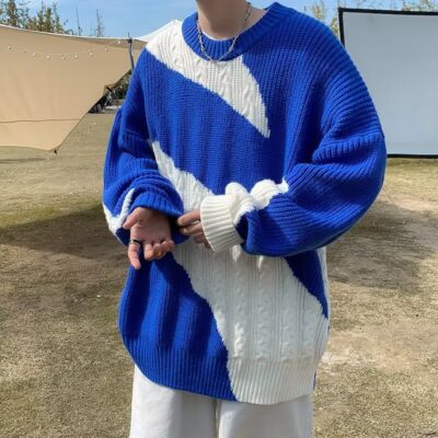 Áo len xoắn màu sắc tương phản phong cách cổ điển Nhật Bản dành cho nam và nữ mặc theo thiết kế tiên tiến, áo len dáng rộng phù hợp với mọi lứa tuổi