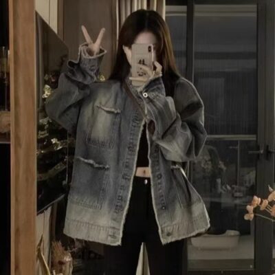 Cảm giác thiết kế chiên đường phố cổ điển gradient áo khoác denim nữ mùa xuân và mùa thu phù hợp với áo khoác gió bf nhỏ rộng rãi hàng đầu