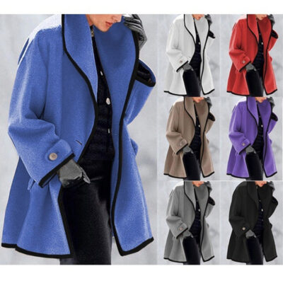 Spot wish Thời trang nữ Âu Mỹ thu đông nhiều màu cổ tròn áo khoác len có mũ trùm đầu phối màu Amazon