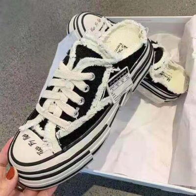Baotou nửa kéo giày nữ thời trang áo khoác ngoài đế dày xăng đan vải bước cứt cứt cảm giác nửa tin tưởng giày ăn mày sinh viên giày trắng