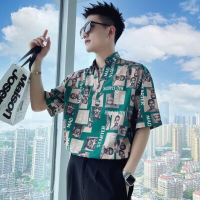 Áo sơ mi hoa ngắn tay mùa hè nhà tạo mẫu tóc nam thương hiệu hợp thời trang ins ruffian đẹp trai áo sơ mi tay ba phần tư ice lụa lưới áo thun đỏ