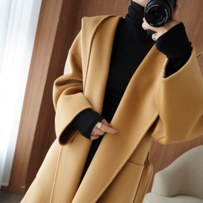 Áo khoác cashmere hai mặt có mũ trùm đầu dài vừa phải cho nữ mùa thu đông kiểu mới buộc lỏng lẻo Áo khoác len toàn len