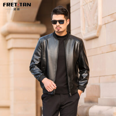 Mùa xuân và mùa thu mới Cổ áo đứng Đồng phục bóng chày Dây kéo Cổ áo sườn Xe máy Áo khoác da nam Áo khoác da Áo khoác nam