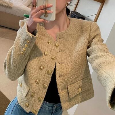 Phong Cách Pháp Đôi Len Tính Khí Hương Thơm Ngắn Áo Khoác Nữ Thu Đông 2023 Retro Vải Tweed Áo Khoác Cardigan