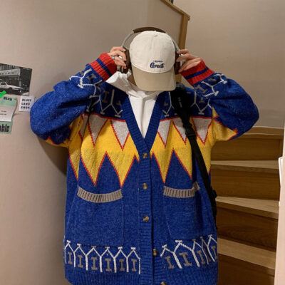 Xu hướng thu đông 2022 phong cách Hồng Kông dáng rộng cardigan cổ chữ V nút áo len nam