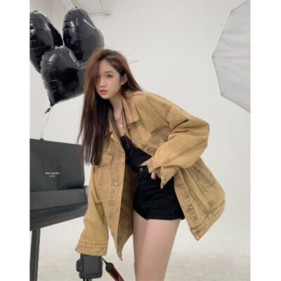 Áo khoác denim phong cách retro của Mỹ nữ mùa thu 2023 thiết kế rộng rãi áo khoác đường phố dài tay hàng đầu xu hướng nữ sinh viên