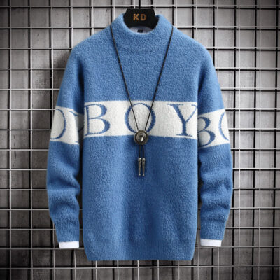 Áo len nam mùa thu đông mới áo len dệt kim cổ cao nửa đầu trẻ trung đẹp trai giả nhung chồn ấm áp dày đáy áo sơ mi