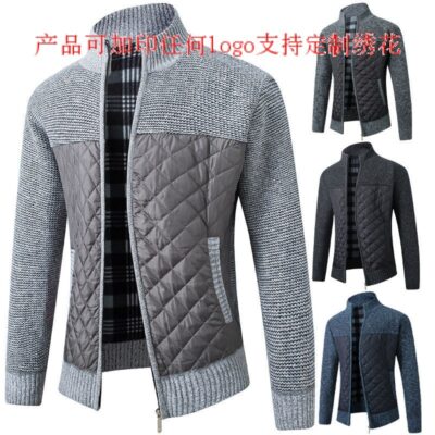 AliExpress xuất khẩu áo khoác nam mùa đông Plus lông cừu dày thời trang cổ đứng nam áo len dệt kim phối cardigan