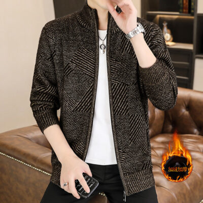 Mùa Đông Nam Dệt Kim Sang Trọng Dày Thường Ngày Một Dây Kéo Nhung Cổ Đứng Áo Len Cardigan Ấm Lạnh Lạnh Áo Len Nam