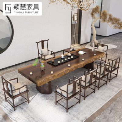 Bàn trà gỗ đặc phong cách Trung Quốc mới đầy đủ bộ Bàn trà văn phòng bảng lớn bàn ghế kết hợp nhà toàn bộ bảng Bàn trà Bàn trà
