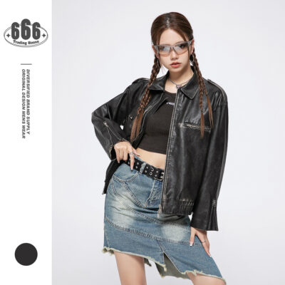 VVSMARS Punk Hot Girl Retro Cũ Áo Khoác Da PU Bé Gái Thích Hợp Rock Xe Máy Áo Khoác Da 1023