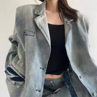 Áo khoác nữ giản dị phong cách retro Mỹ đã giặt cũ áo khoác denim mùa thu xu hướng áo khoác rộng phong cách Hàn Quốc mới